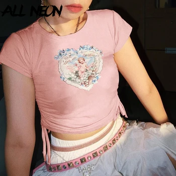 

ALLNeon Y2K Fashion Angel Graphic Print Cropped Tees E-girl Sweet O-neck Lace Up Short Sleeve Pink T-shirts Streetwear Summer