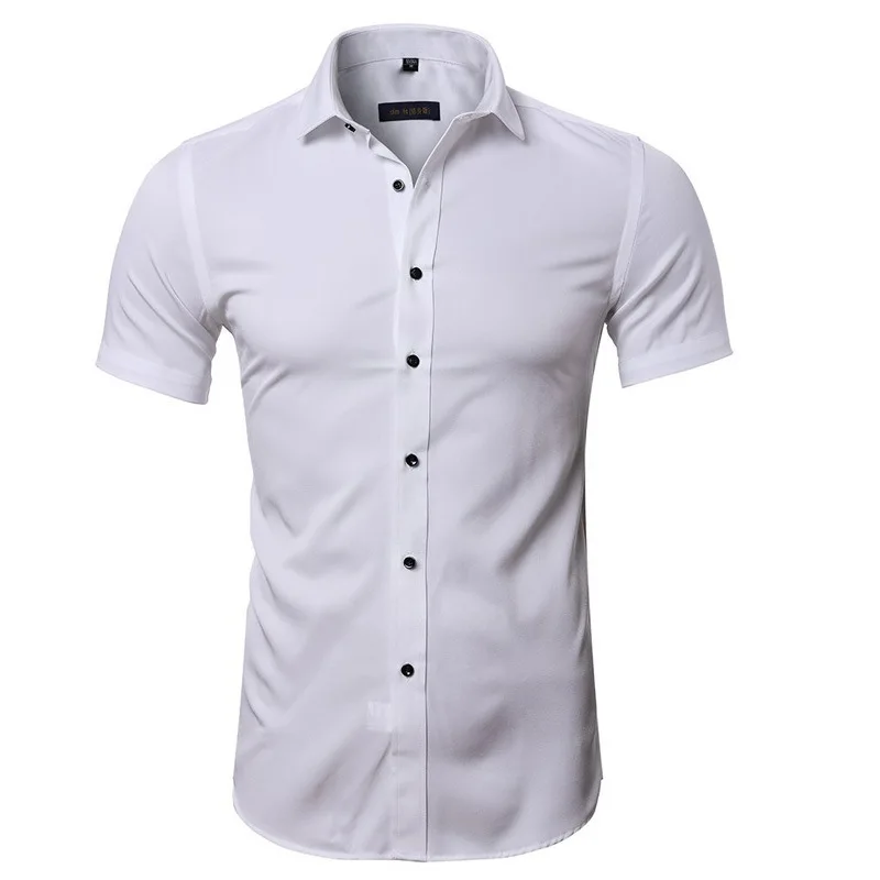 Gray Elastic Bamboo Fiber Shirt Men Brand Summer Short Sleeve Mens Dress Shirts Non Iron Easy Care Business Work Chemise Homme 3