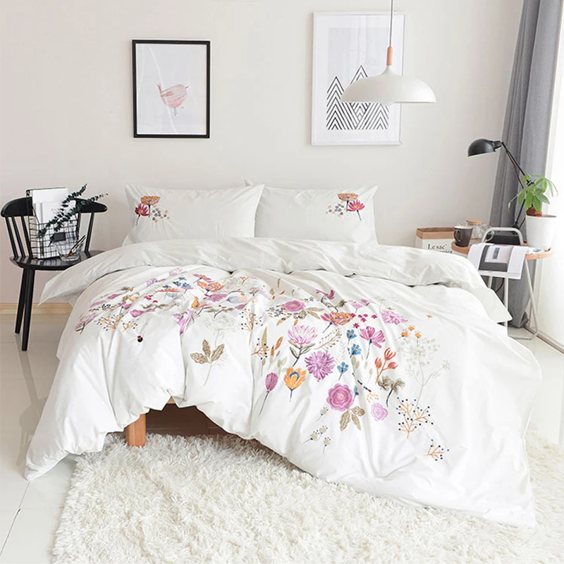 King Size Duvet Cover White 100% Cotton Bed Set Embroidery Printed Bedding Sets Skin Friendly Pillowcase 3pcs | Дом и сад