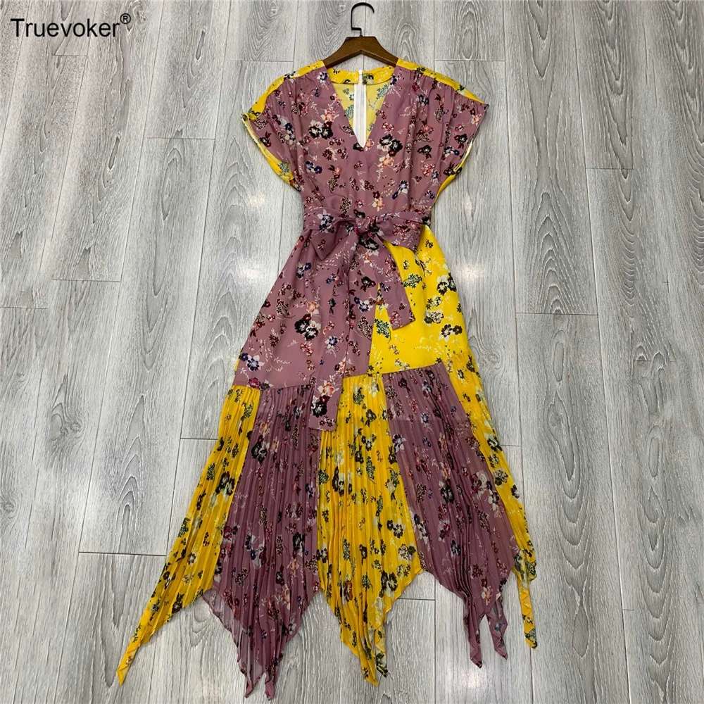 

TruevokerDesigner Runway Resort Dresses Women's High Street V-neck Multicolor Flower Printed Draped Irregular Vestidoes