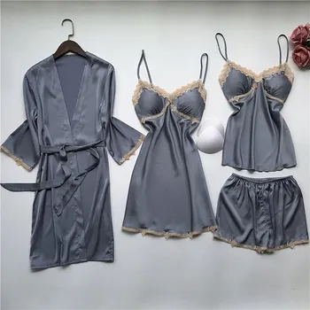 

4-piece Sexy Lace Pajamas set Lingerie Silk Nightgown Upscale Nightie Satin Soft Homewear Chest Pad Superior Quality Nightwear