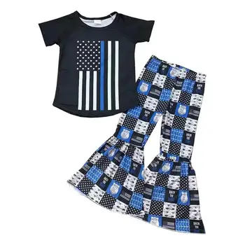 

Children clothing sets summer blue navy shirt bell bottom pants baby girls outfits fashion high waist design toddler kids cloth