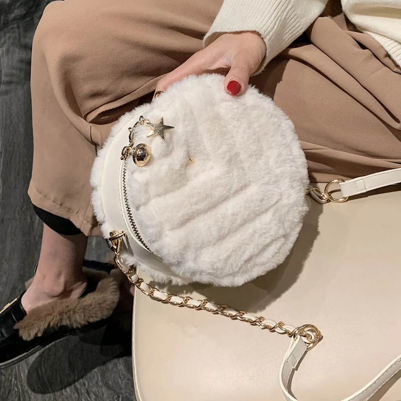 

Elegant Female Round Crossbody bag 2020 Fashion New high Quality Plush Women's Designer Handbag Chain Shoulder Messenger Bag