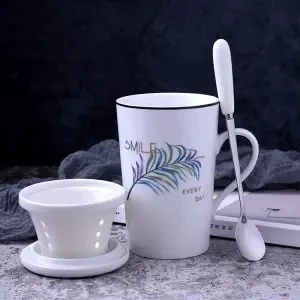 Креативная керамическая чашка большая емкость чашка для воды кружка пара простая чашка для молока с крышкой с ложкой офисная чашка одна чашка кофейные кружки - Цвет: 400ML set