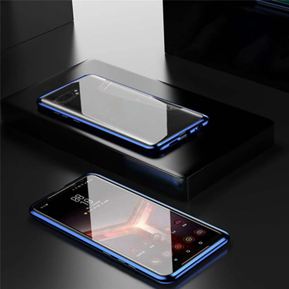 Двусторонний чехол из закаленного стекла для телефона для ASUS ROG Phone II 2/ZS660KL Прозрачный чехол для телефона с магнитным покрытием передняя и задняя крышка - Цвет: Синий