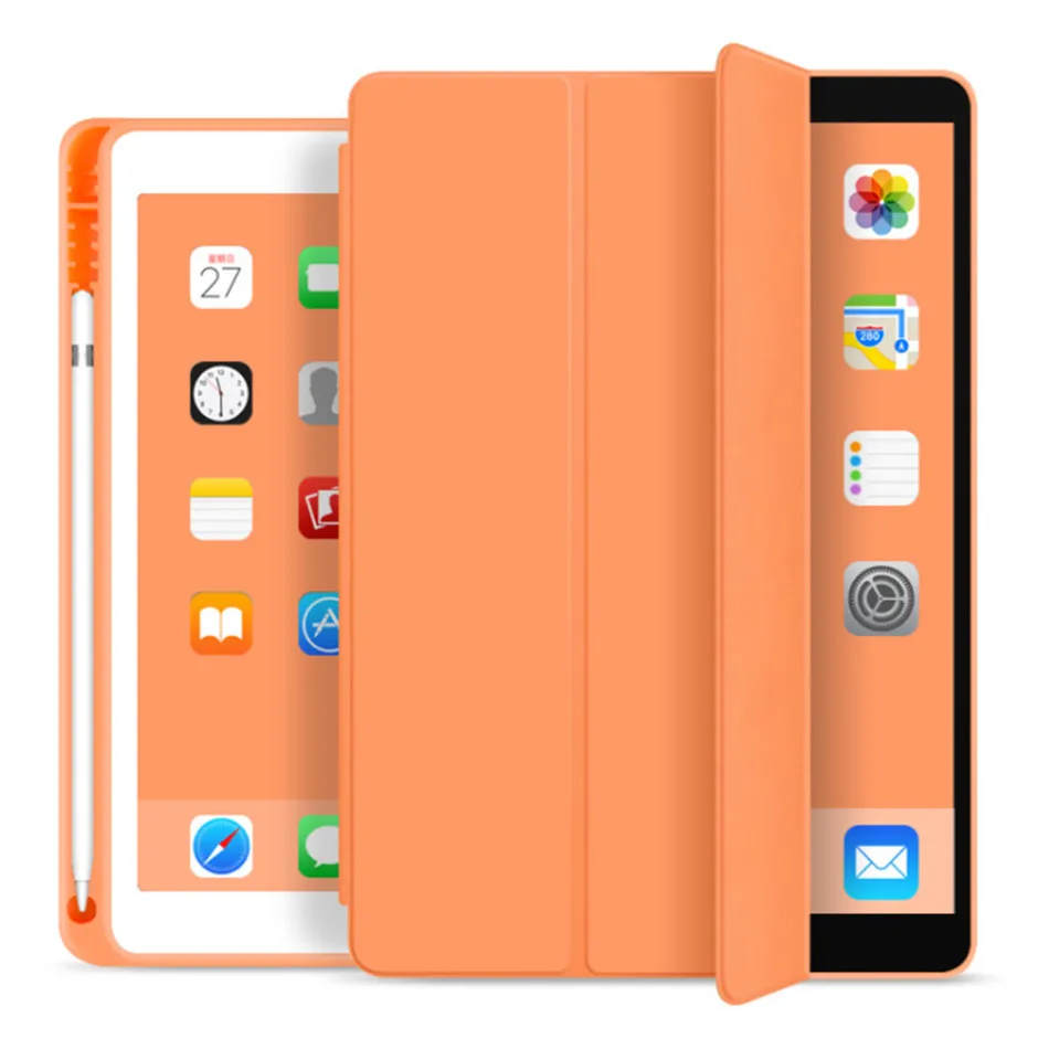 Оранжевый Для iPad 10,2 дюймов 7th Gen чехол с карандашом, откидная Складная подставка силиконовый мягкий чехол для iPad 10,2 чехол просыпается - Цвет: Оранжевый