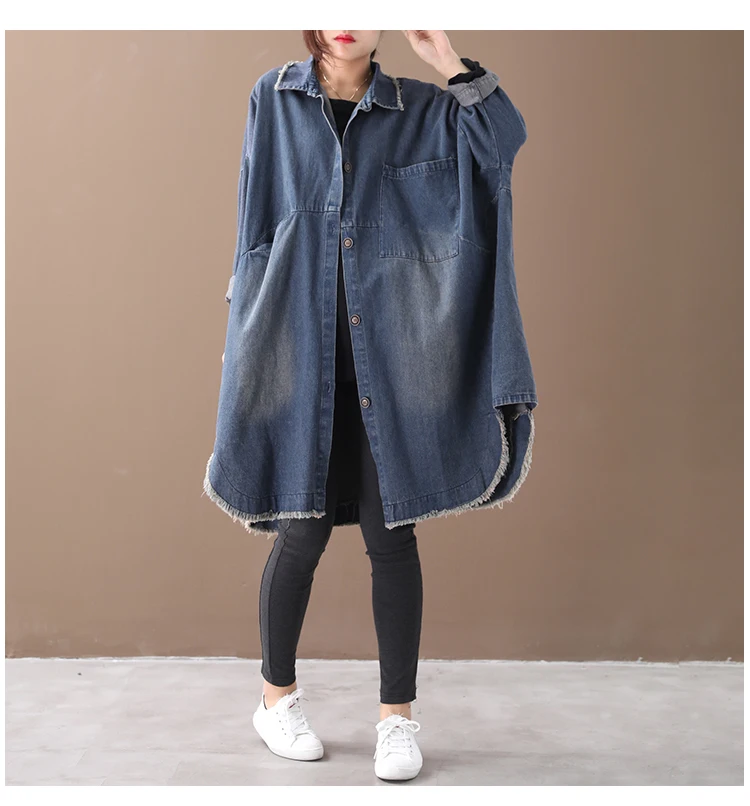 

Female new autumn and spring plus plus size Korean style shirt literary retro washed do-old single-breasted denim thick trench
