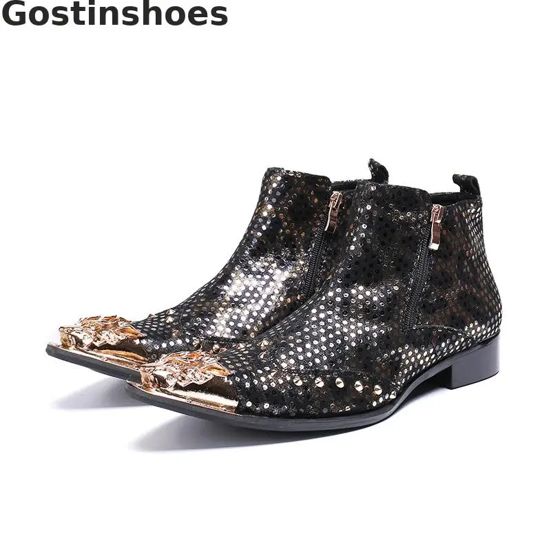 

Golden Metal Pointed Cap Toe Men Boots Genuine Leather Polka Dots Decorations Side Zip Fashion Men Short Ankle Boots Work Boots