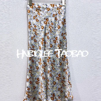 

Summer fashion Ms vintage style Mid-length skirt printing Elastic Waist Loose Silk Midi Skirts