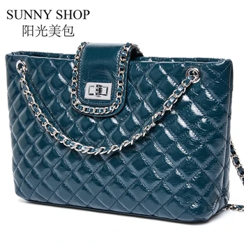 

SUNNY SHOP Fashion Shoulder Bag Large Ladies Genuine Leather Handbag Leather Chain Messenger Bag Women Diamond Lattice Bag Zip