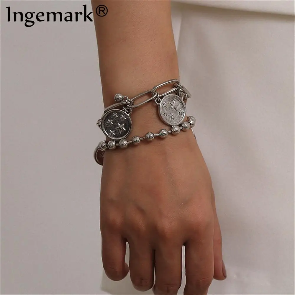 Ingemark Винтаж пять звезд монета кулон Браслеты Набор для Для мужчин чехол для телефона на руку Панк Серебряная, в стиле бохо браслет Лучший Для женщин ювелирные подарки