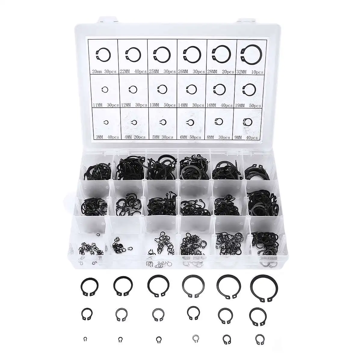 600pcs Black Circlip Retaining Ring Multi-size M3-M32 Circlip Card Internal External Retaining Circlips C-clip Washers