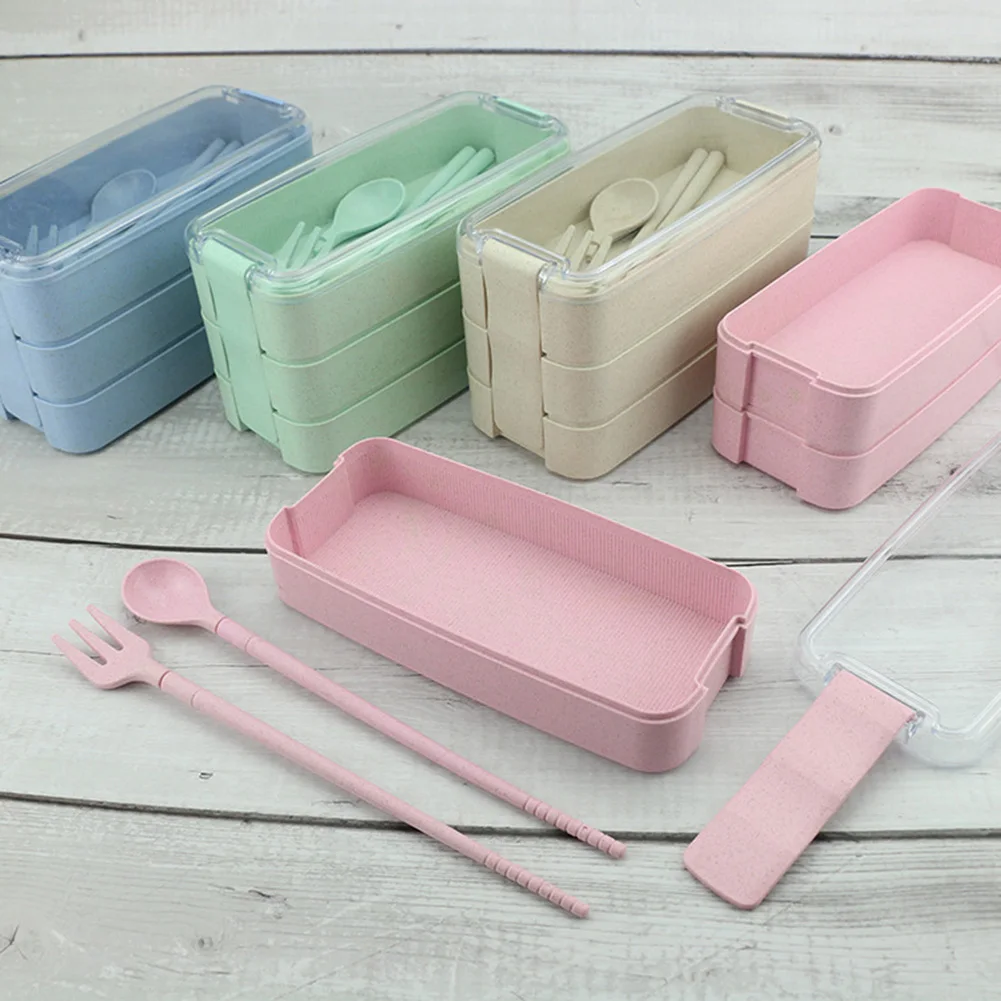 

3 Layers Divided Lunch Box Flip Food Prep Containers Storage Straw Box for Office Worker Students AIA99