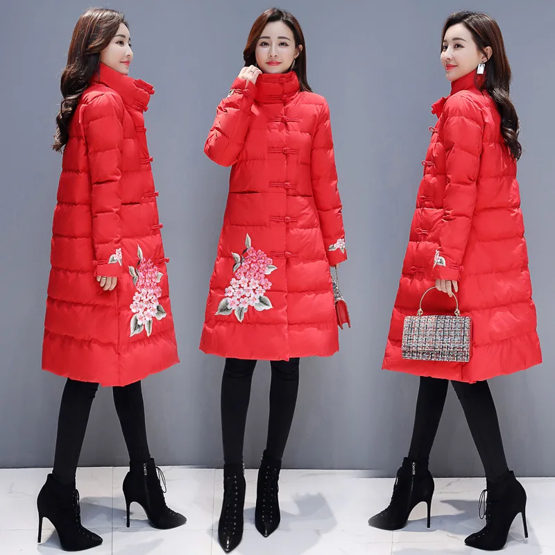

Retro National Style Embroidery Cotton Coat Women's Mid-length Thick Warm Cotton-padded Clothes Autumn And Winter WOMEN'S Dress