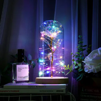 

LED Light Artificial Flowers Enchanted Forever Rose Flower Gold Foil Rose Flower In Glass Dome Party Decorations Gift #2