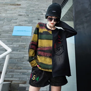 

Spring Women Clothing Korean Fashion Tops Womens Printed Long Sleeve Tee Shirts Vintage Striped T Shirts Plus Size LT443S30