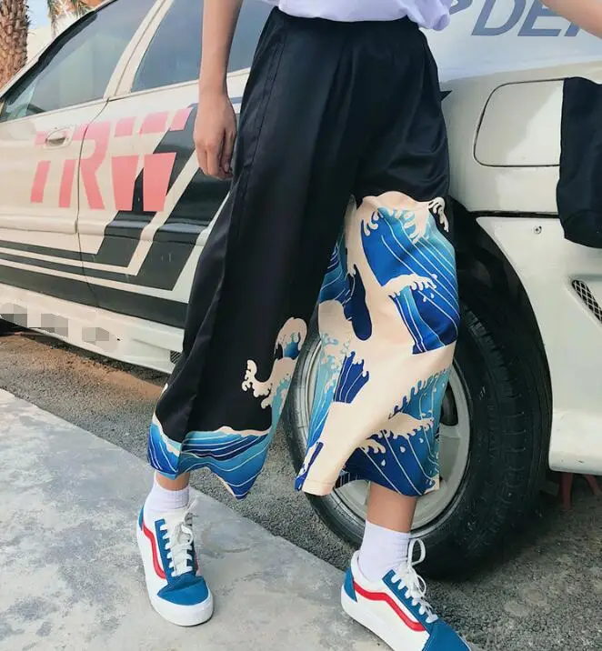 

Woman Man Pants Japanese Kimono Printing Broad-legged Trousers Loose Cropped Ninth Pants