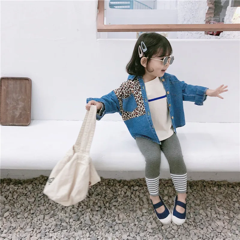 

2019 Spring New Style Childrenswear Girls Korean-style Leopord Pattern Joint Denim Shirt BABY'S Top