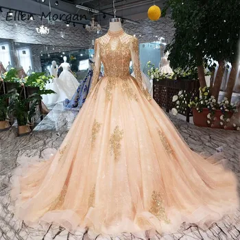 

Saudi Arabian Long Sleeves Gold Evening Dresses Vintage 2019 High Neck Beads Applique Lace Special Occasion Event Ball Gown