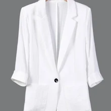 Новинка, Женский блейзер размера плюс 7XL 6XL 5XL, Одноцветный, с карманами, на одной пуговице, зубчатый, три четверти, льняные, деловые костюмы для офисных леди