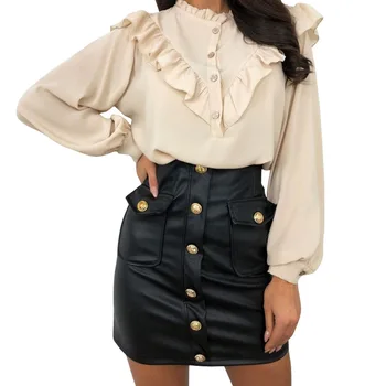 

Women PU Leather Pencil Skirt Ladies High Waist Bodycon Ciub Casual Button Mini Skirt