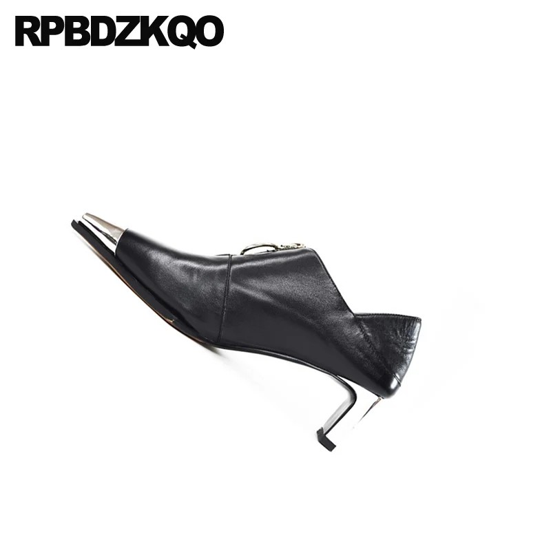 pointed toe pumps chunky size 33 sandals luxury brand shoes women fashion zipper new patent leather black mules slipper block