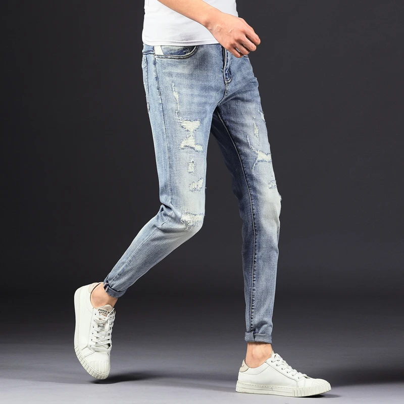 Promotion Male Casual Zippers Small Feet jean  men's holes jeans  men's pants slim trousers students Korean fashion pants ripped blue jean