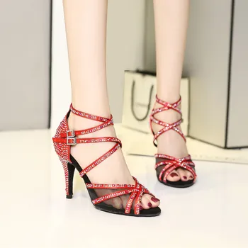 

Bachata Dance Shoes Latin Ballroom Sandals For Women Girls Red Rhinestones Shine Shining Spike Heel 10cm Cuban Heel 9cm 2019 New