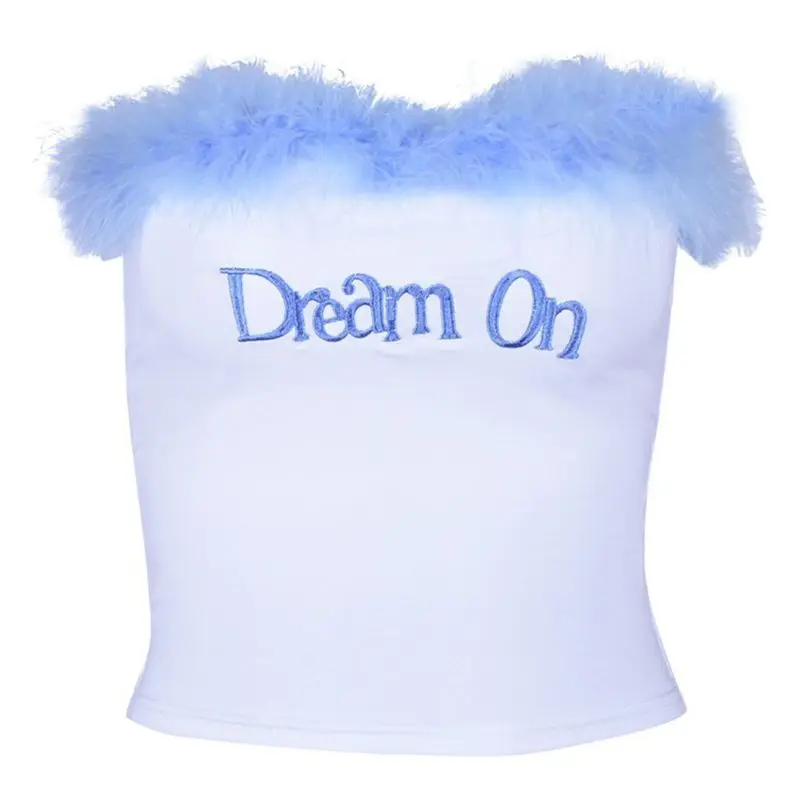 Women Sexy Strapless Wrapped Chest Tube Top Blue Feather Splicing Bandeau Bralette Dream On Letters Embroidery Slim Vest | Женская