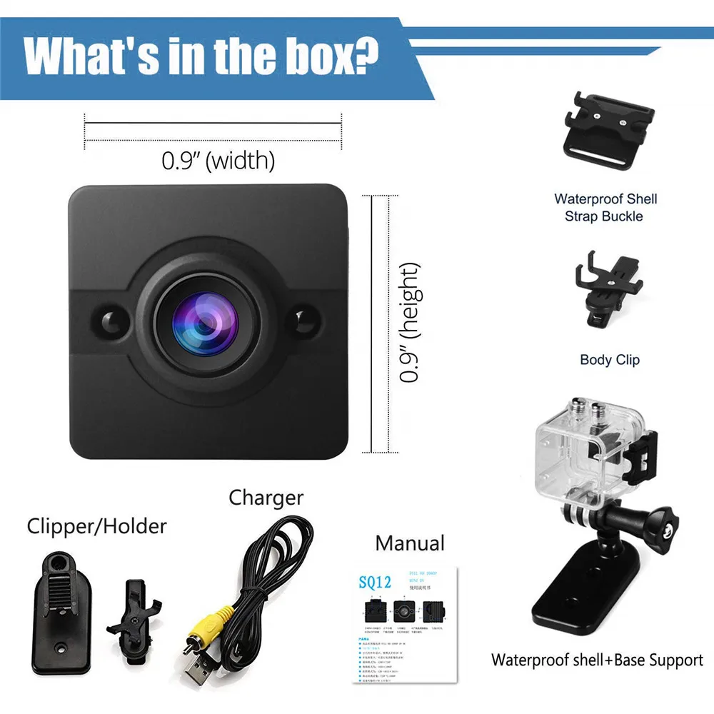 SQ12 мини камера 720p камера ночного видения широкоугольный объектив Водонепроницаемая мини видеокамера DV диктофон Экшн-камера SQ 12 - Цвет: Черный