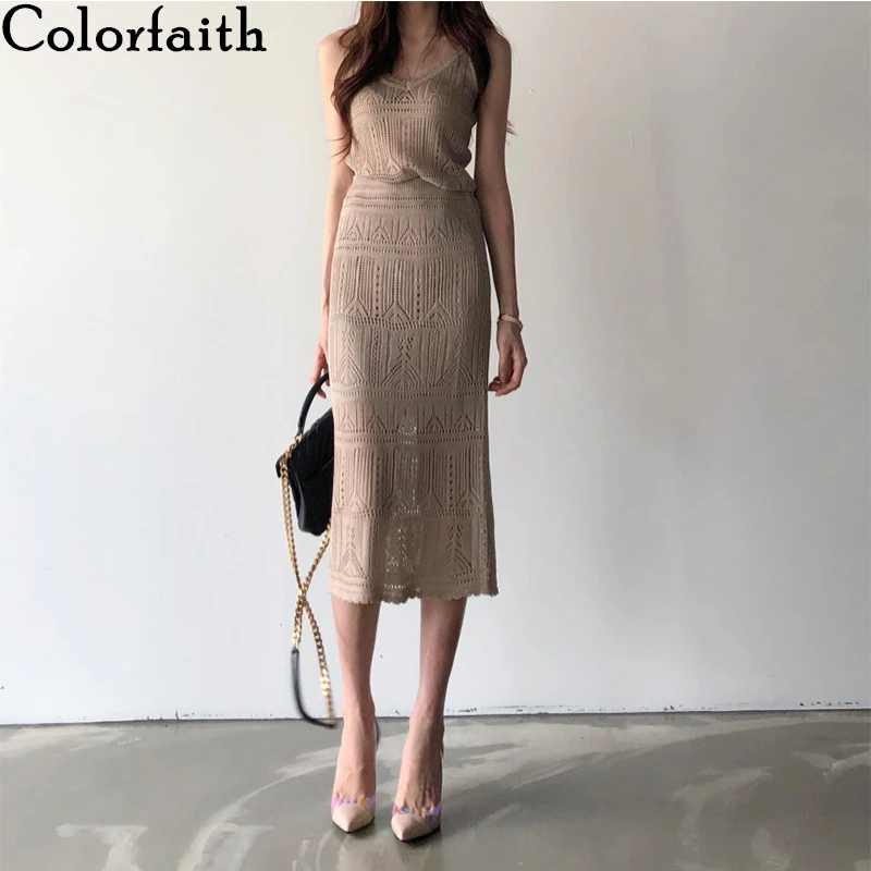 Vest Suits Long-Skirt Matching Knitted Colorfaith Elegant Hollow-Out High-Waist 2piece-Sets