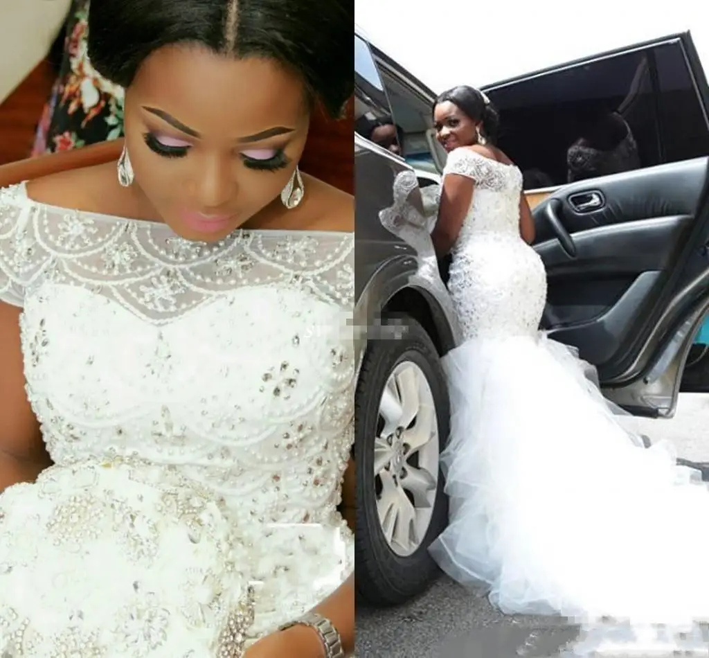 

Nigerian Plus Size Wedding Dresses Beading Tiered Short Sleeves Long Chapel Train Mermaid Bridal Gowns Custom Party Wear