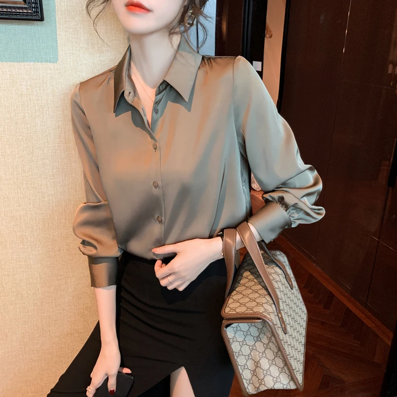 Женская атласная рубашка с длинными рукавами, профессиональная тонкая офисная шифоновая Однотонная рубашка, весна 2021