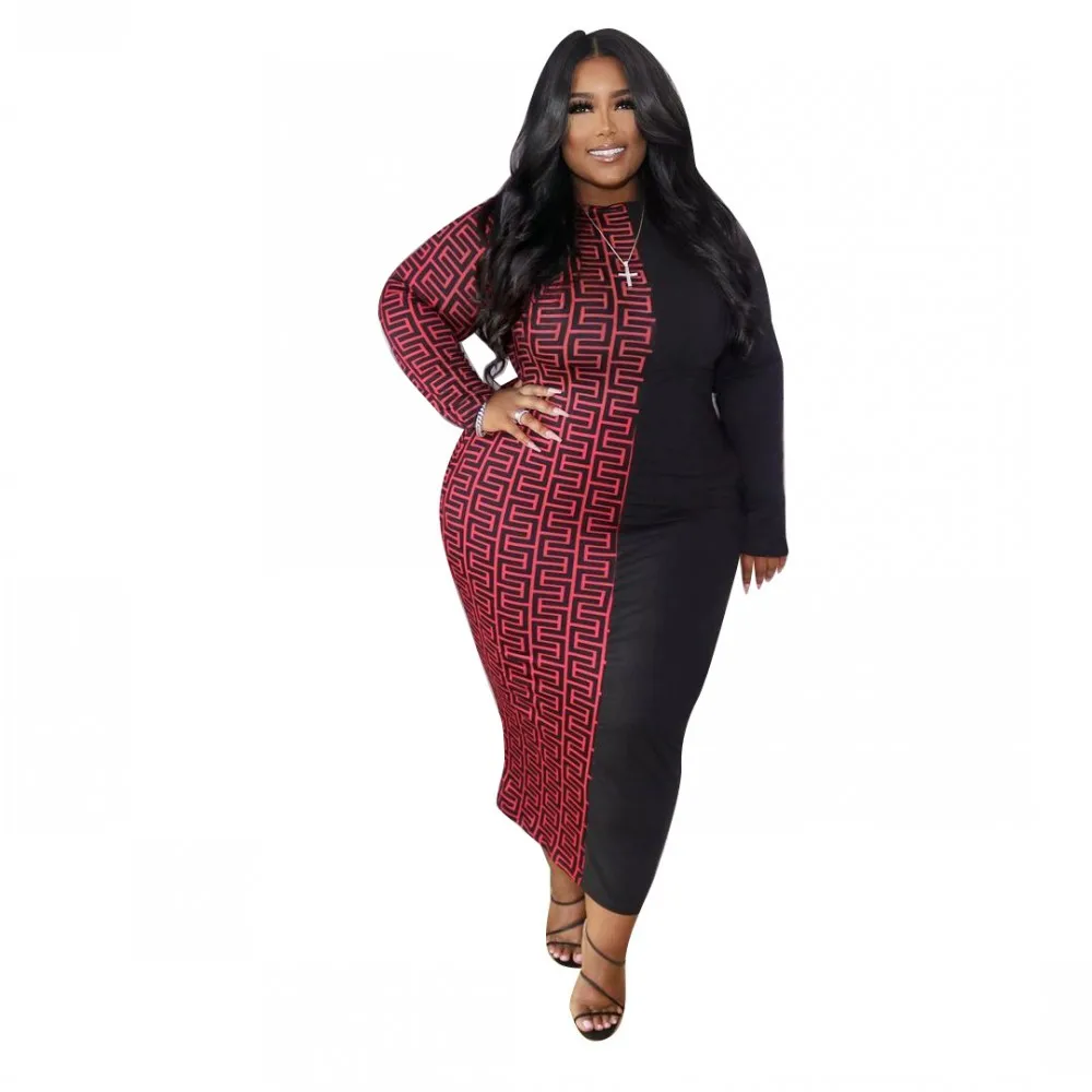 Red Printed Long Sleeve Dress 2021 Winter Casual African Women