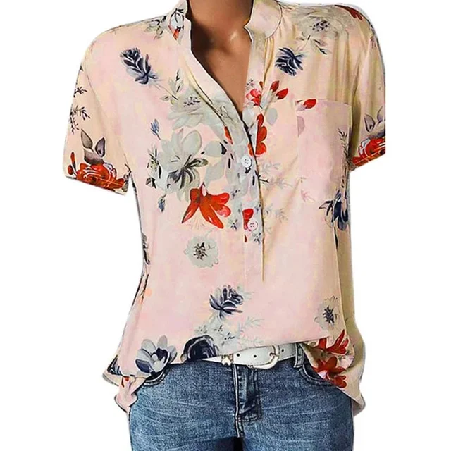 Elegant women's shirt printing large size casual shirt fashion V-neck short-sleeved shirt blouse Pink
