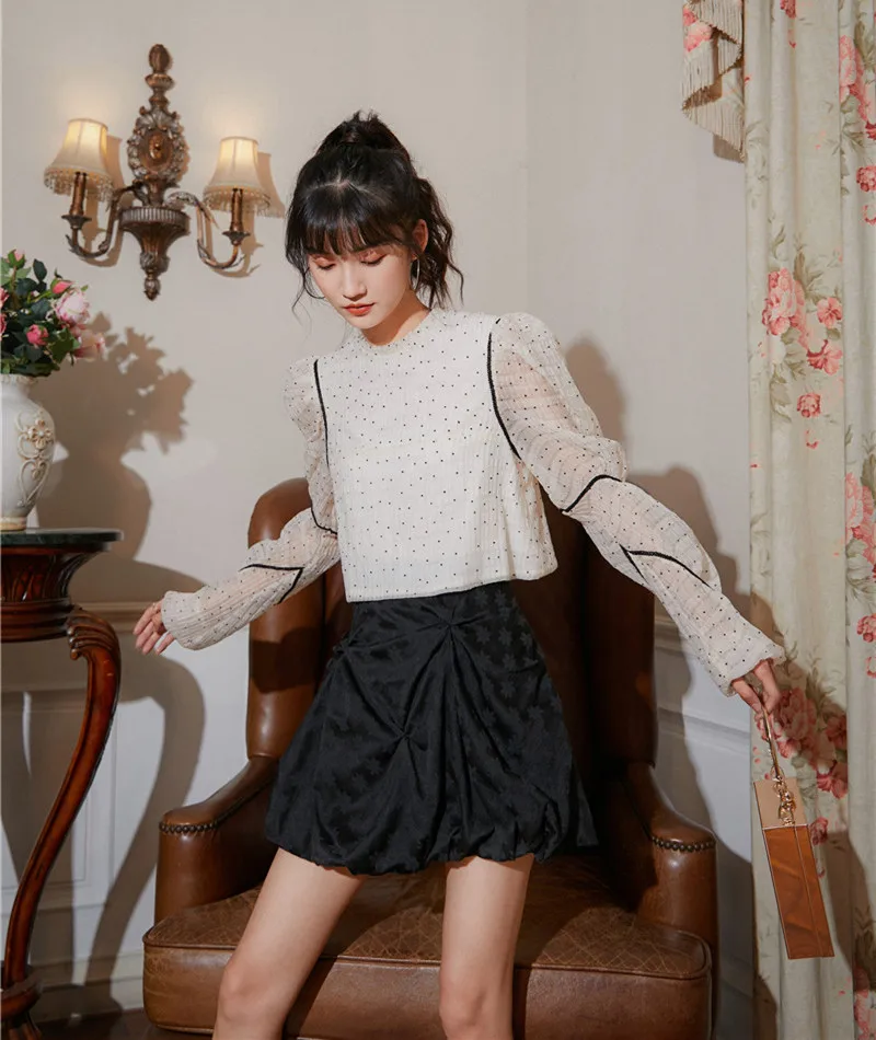 LANMREM 2020 round neck full sleeves autumn polka dots fashion women clothes white color pullover shirt female top WN