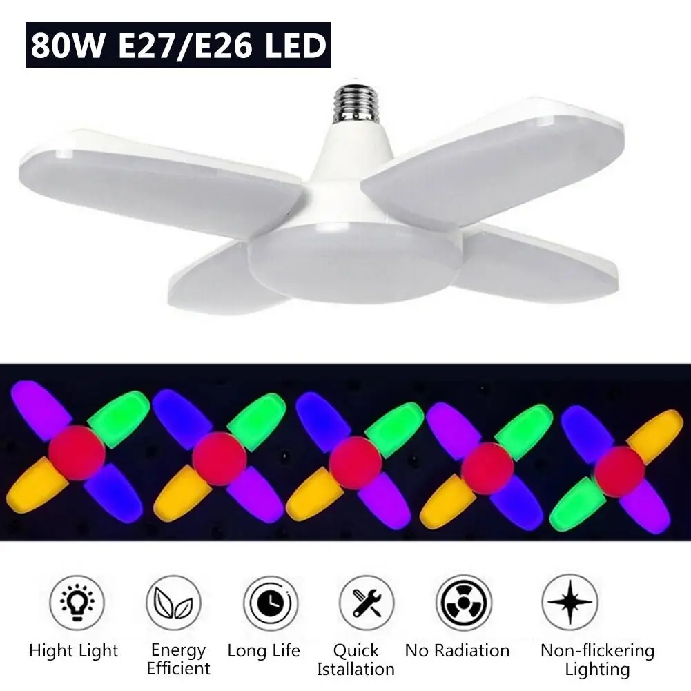 

E27/E26 Colorful RGB LED Garage Light Industrial Warehouse Workshop Ceiling Light Deformable High Bay Lamp 85-265V 80W 8000lm