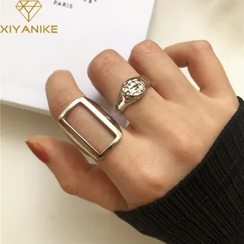 

XIYANIKE 925 Sterling Silver INS Hollow Rectangular Ring Irregular Plane Exaggerated Opening Personality Fashion Ring