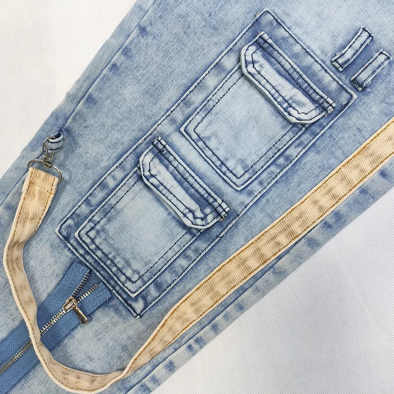 2023 New Khaki Denim Blue Personalized Color-blocking Washed Jeans Men's Straight Pants Zipper Tooling