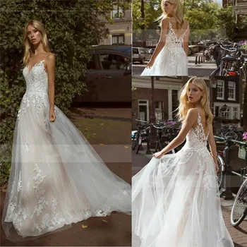 

Sexy V-Neck Lace Appliques A-Line Wedding Dresses Backless Custom Spring Garden Long Bridal Gowns Formal Bride Dress