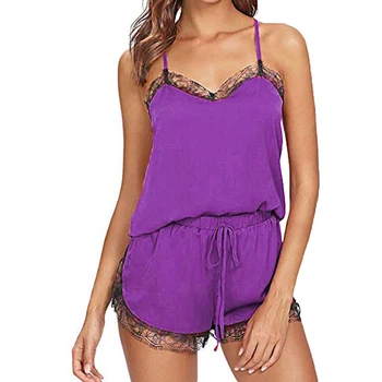 

Women's Sleepwear Sexy Satin Set Black Lace V-Neck Pyjamas Sleeveless Cute Breathable Top And Shorts Pijama Mujer Algodon Veran