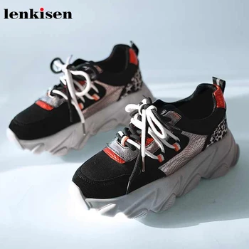 

Lenkisen gorgeous mixed colors leopard genuine leather round toe thick bottom lace up young lady fashion vulcanized shoes L08