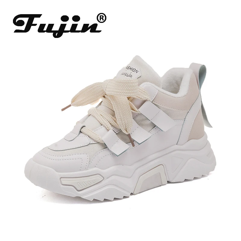 Fujin/зимние женские кроссовки с толстой подошвой и перекрестной шнуровкой; теплые модные дышащие женские кроссовки с круглым носком на платформе для отдыха