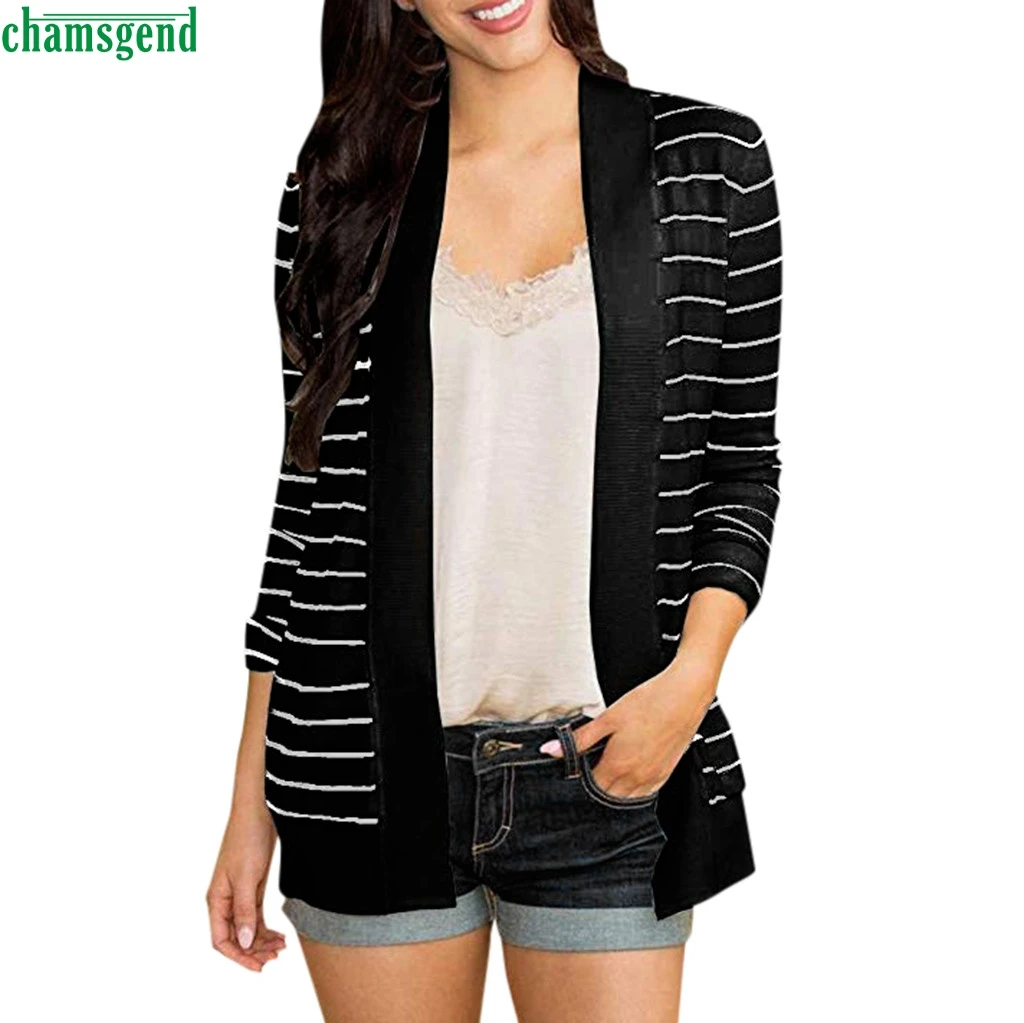 

Chamsgend Ladies Autumn Striped Cardigan Jacket Fashion Casual Full Sleeve Kimono Outerwear Black Coats Chaqueta Negra NEW