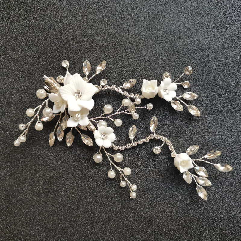 SLBRIDAL, Серебряные стразы с кристаллами, свадебные Керамические Цветочные заколки для волос, заколки для волос, свадебный головной убор, аксессуары для волос, Женские Ювелирные изделия