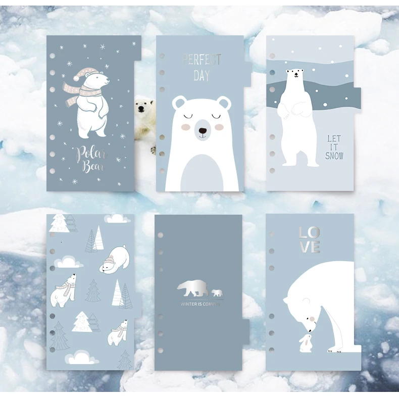 6 pcs/set Polar Bear Series Dividers Paper indexes Personal A6 Spiral Notebook 6 rings binder planner Separator Pages Organizer