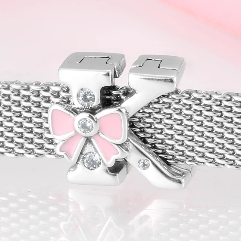 Authentic 925 Sterling Silver Letter K Clip Beads with Pink Bow CZ Fit Original Reflection Watch Bracelet Women DIY Jewelry