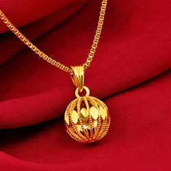 Matte 24K Spherical Hollow Pendant Necklaces for Women Bride Classic Wedding Jewelry Gold Chain Necklace Fine Jewelry Not Fade
