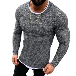 Мужские Модные Двухслойные трикотажные пуловеры с круглым вырезом, мужская приталенная футболка с длинными рукавами, Повседневные