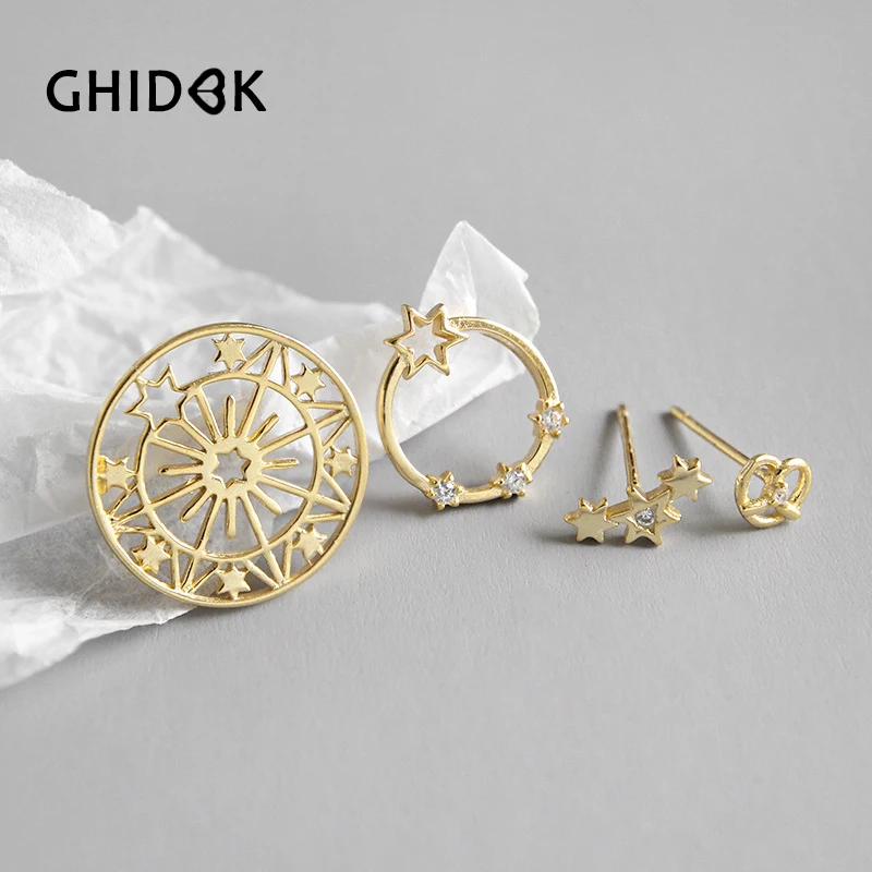 GHIDBK Изящные полые 925 пробы серебряные CZ серьги-гвоздики дизайн Звезда кубический цирконий серьги-гвоздики Starburst Асимметричная серьга
